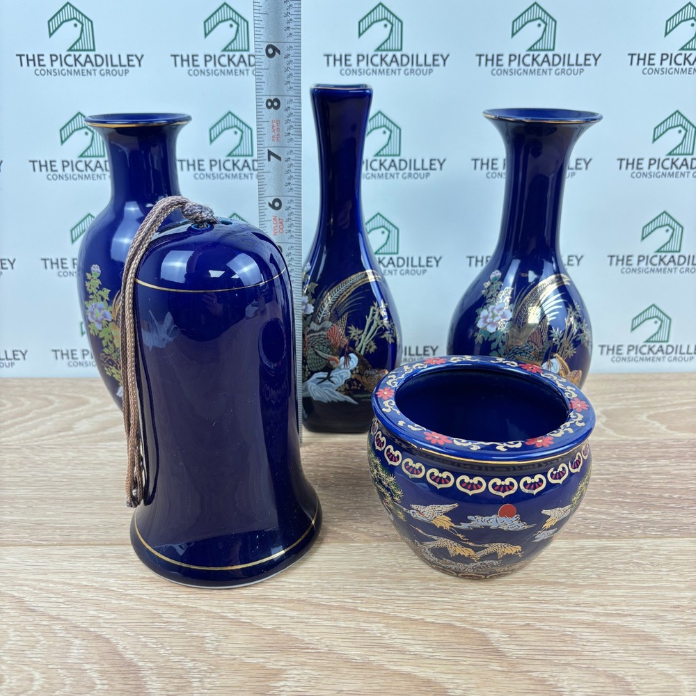 5pc Chinese Cobalt Blue Porcelain Set Vases Bell Bowl Gilt Bird Crane Pheasant - Picture 11 of 13